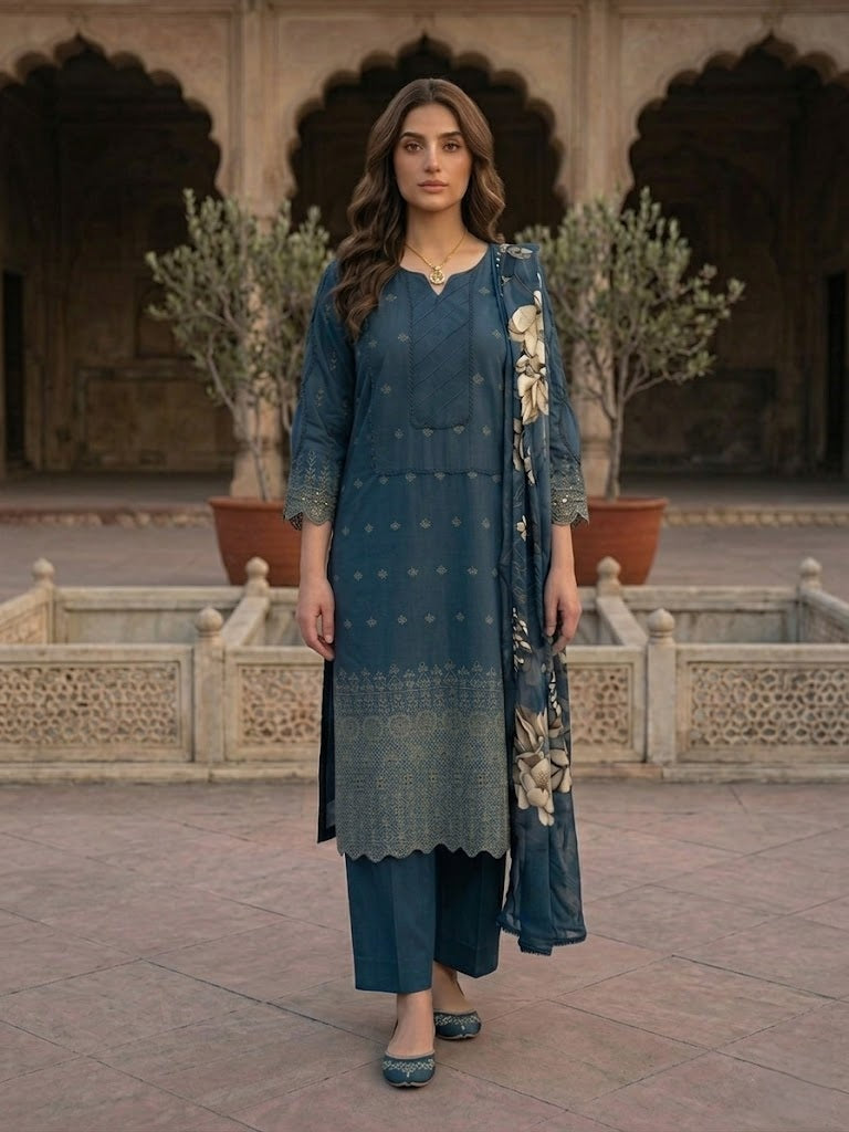 Deep Teal Blue Chikankari
