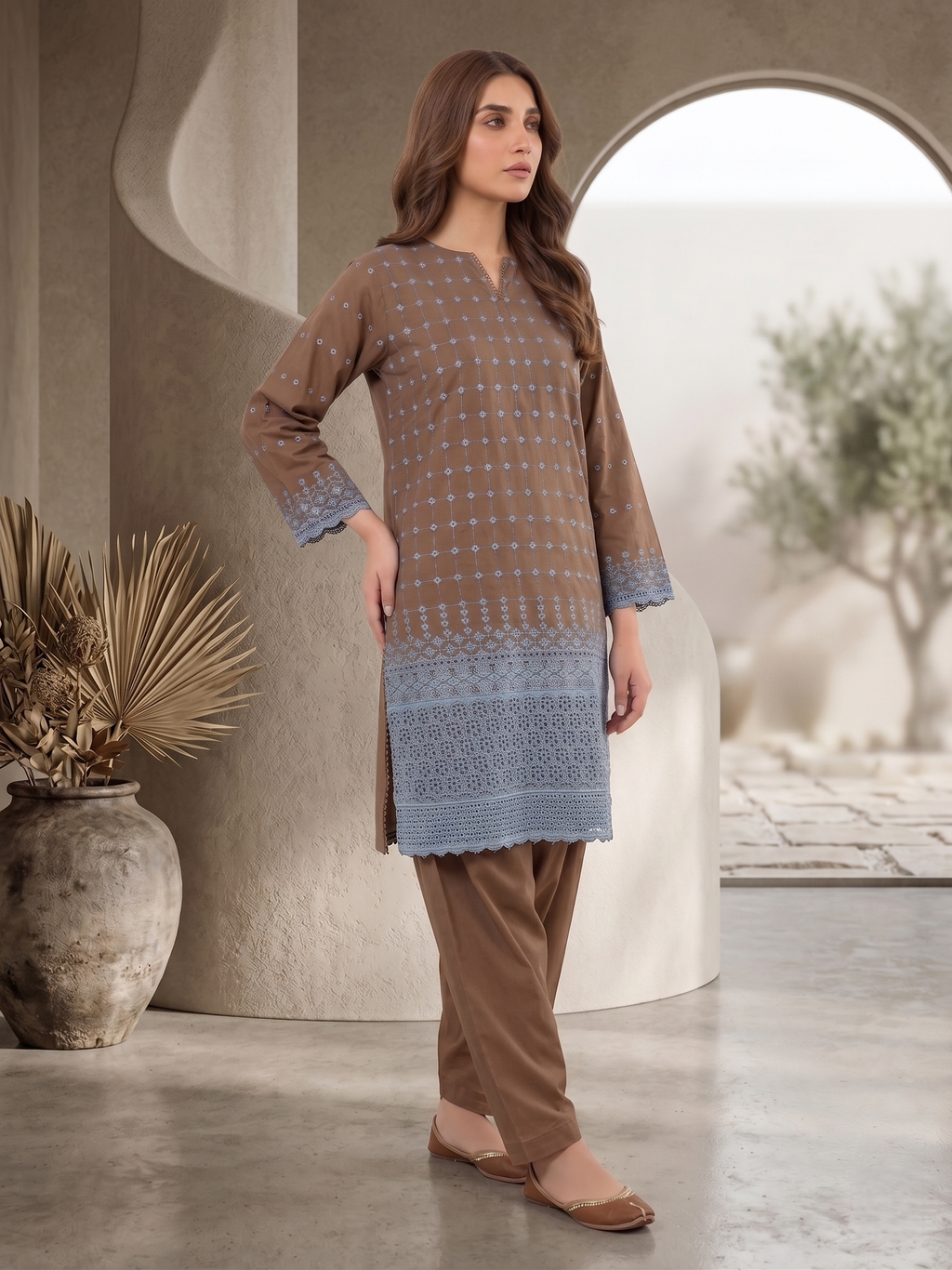 Brown Chikankari