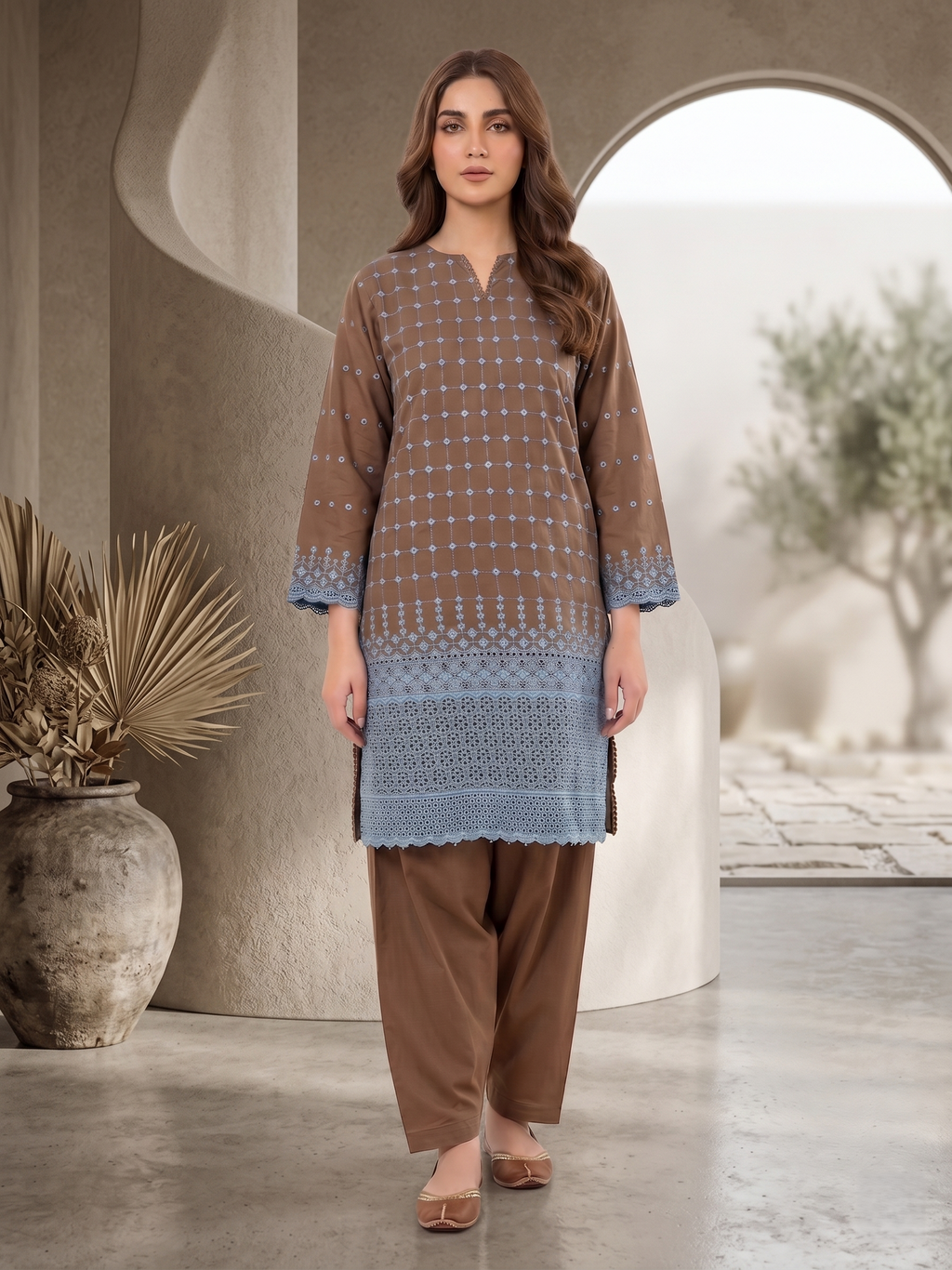 Brown Chikankari