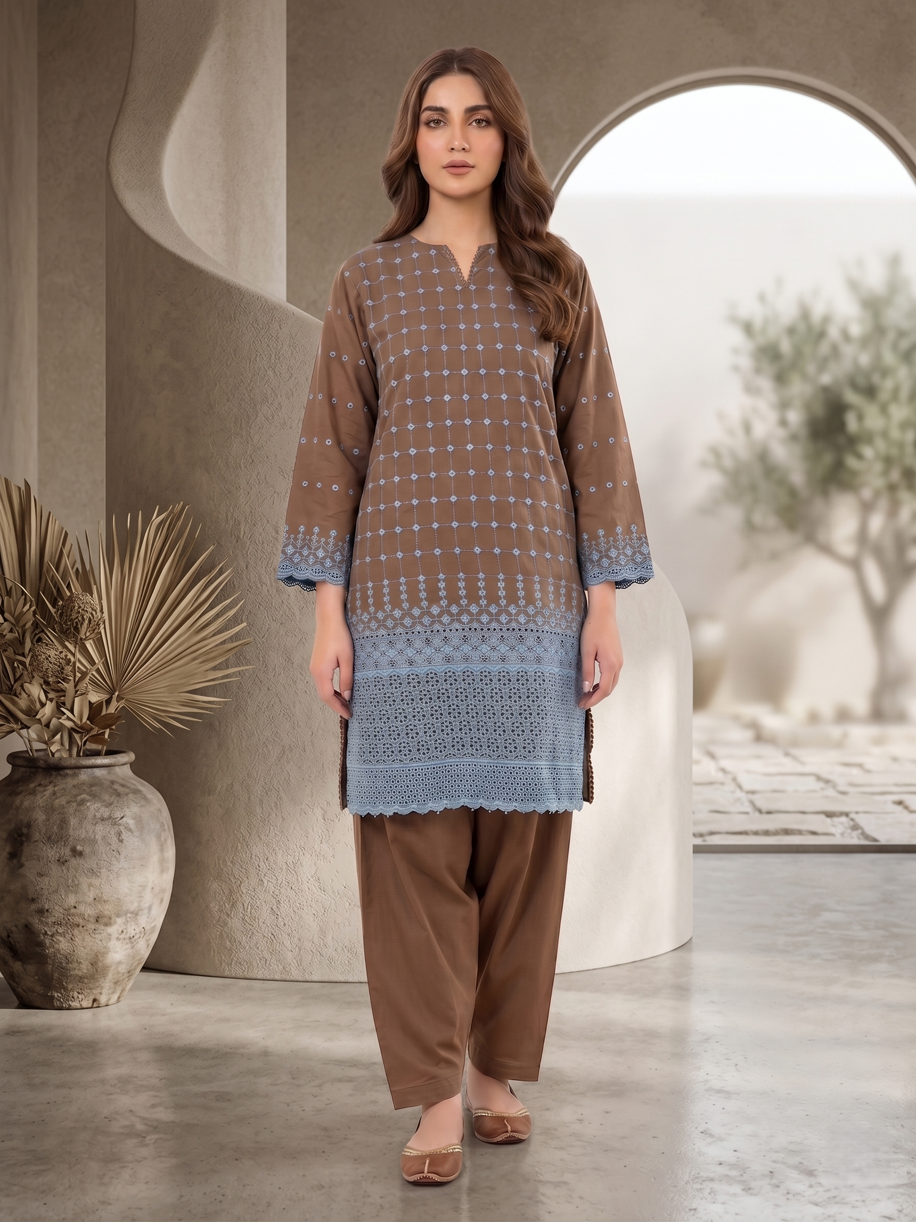 Brown Chikankari
