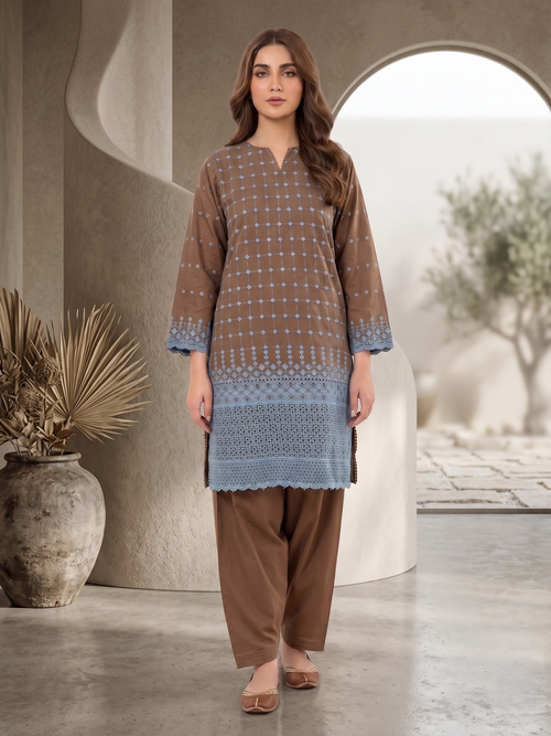 Brown chikankari kurta and trouser set by Shayra