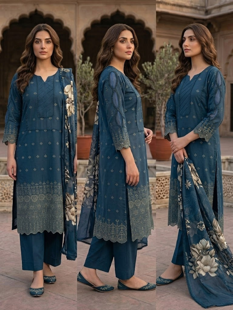 Deep Teal Blue Chikankari